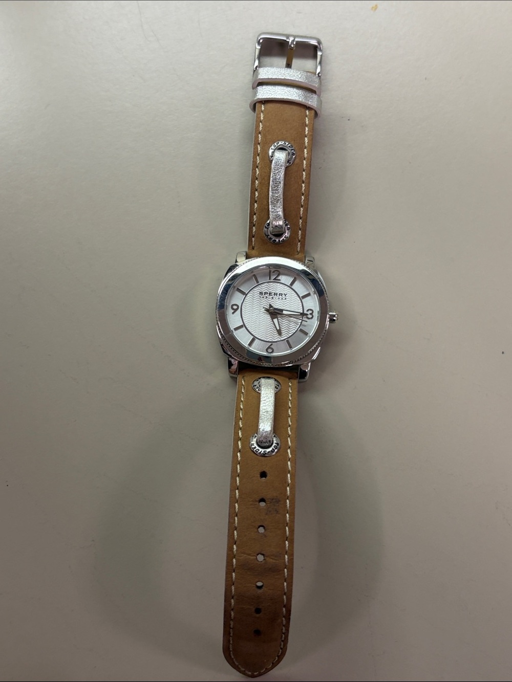Sperry Women’s Tan Leather Strap Watch with Silver-Tone Case and White Dial